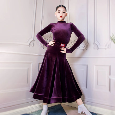 Girls Blue Purple Grey Velvet Ballroom Latin Dance Dresses for Kids Children  Competition Professional Performance Long Skirts for Children