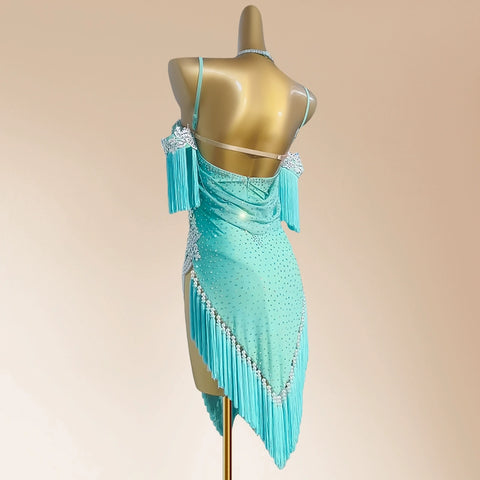 Custom Size Turquoise Green Fringe Latin Dance Competition Dresses for Women Girl Kids Diamond Salsa Rumba Chacha Performance Costumes