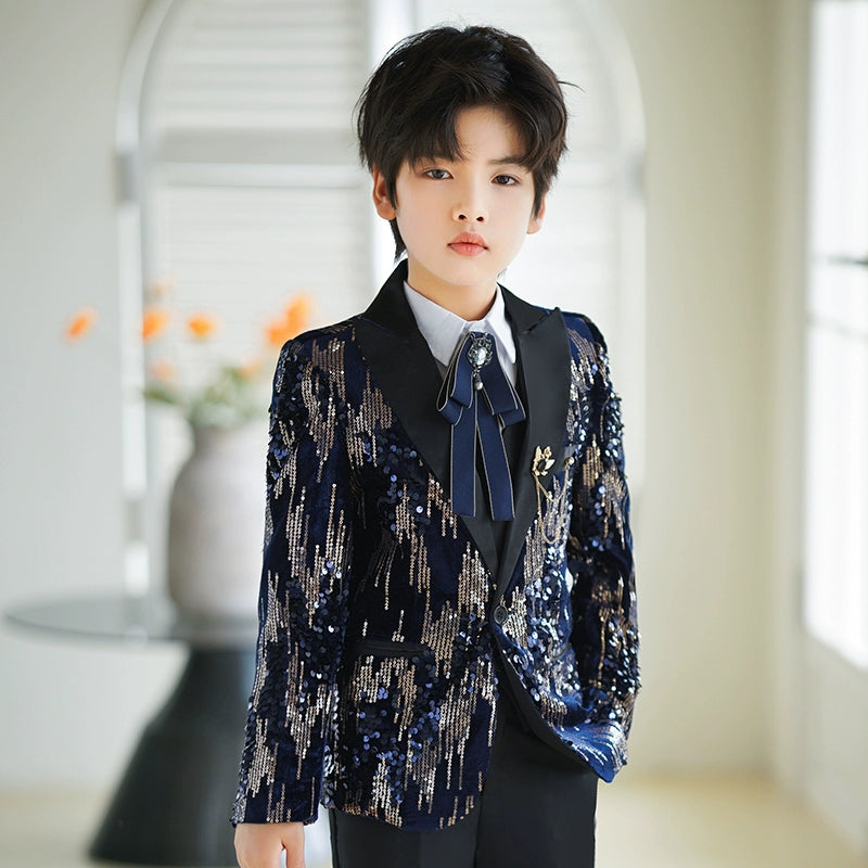 Boys Shiny Navy Red Colorful Sequins Jazz Dance Blazers Kids Singers Host Choir Perform Jacket Wedding Party Flowers Boys Piano Performance Dress Coats