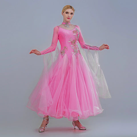 Pink Rhinestones Competition Ballroom Dance Dresses for Women Girls Kids Waltz Tango Foxtrot Smooth Dance Long Gown Party Dancing Outfits