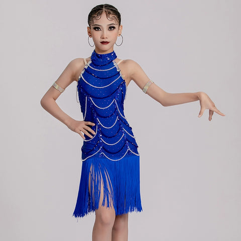 Custom Size Rhinestones Royal Blue Fringe Competition Latin Dance Dresses for Girls Kids Salsa Rumba Chacha Tassel Professional Art Test Dance Skirts