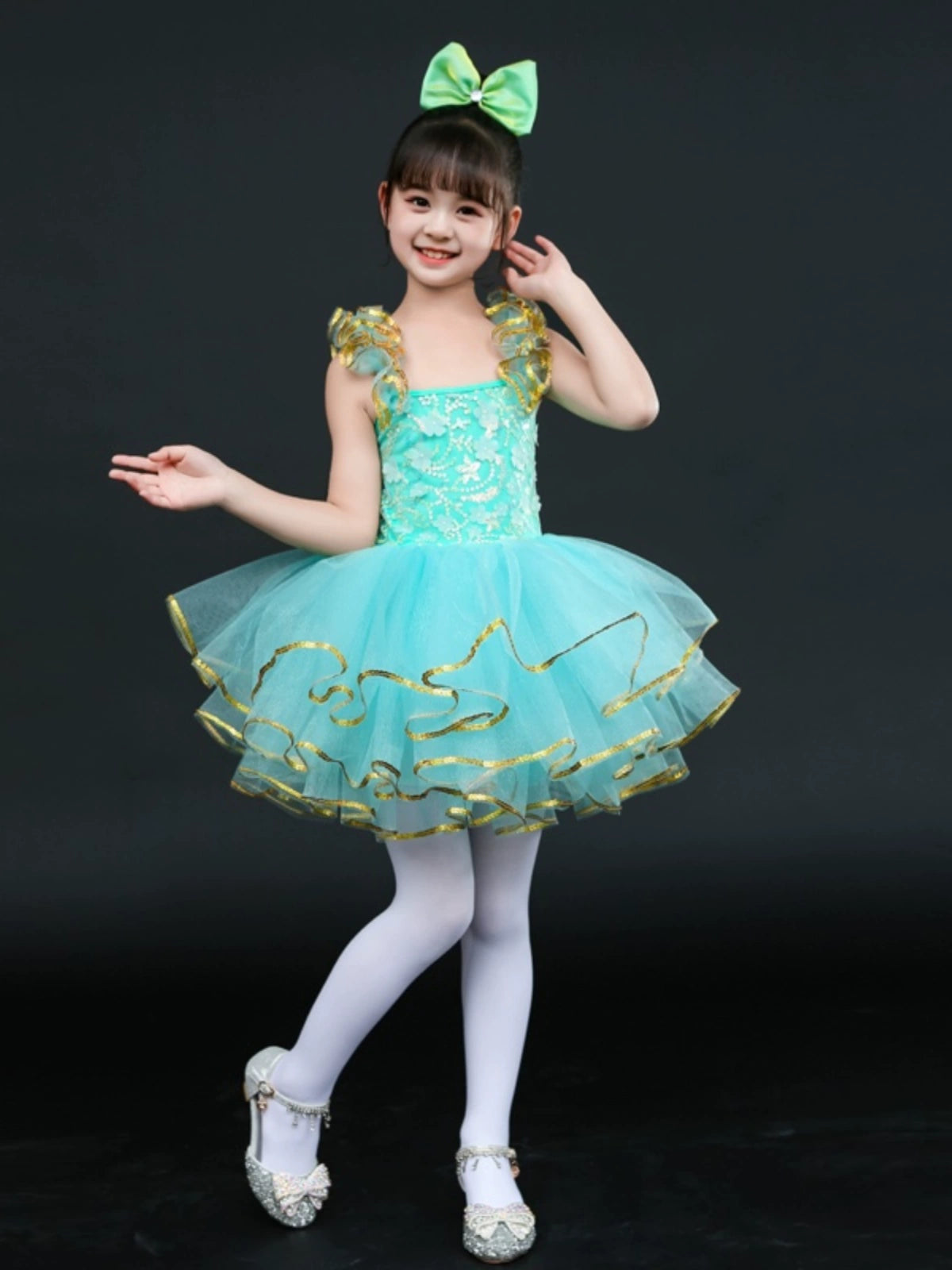 Children Pink Green Sequin Jazz Dance Dress Tutu Skirts Ballet Dress Toddler Pianist Princess Choir Performance Costumes