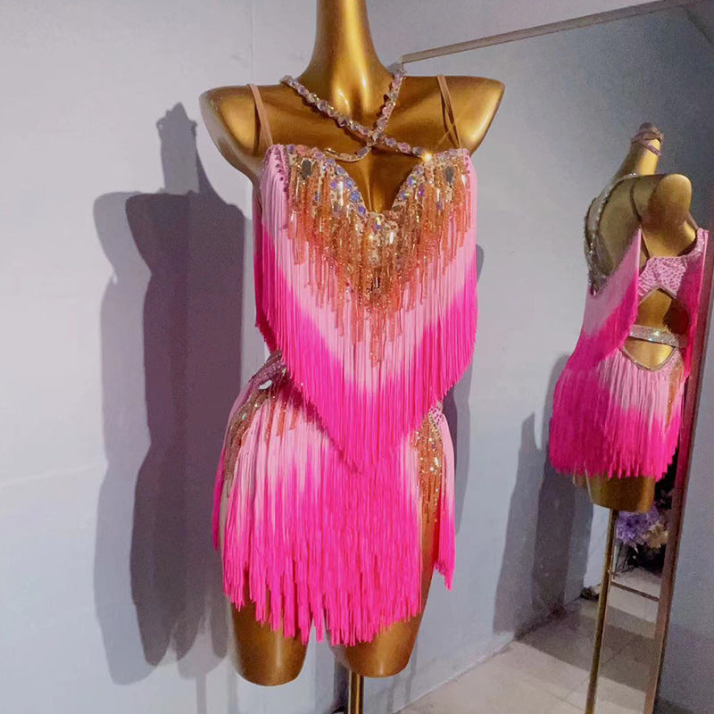 Customized size Pink Gradient fringe Competition latin dance dresses for women girls handmade professional salsa rumba dance bling costumes