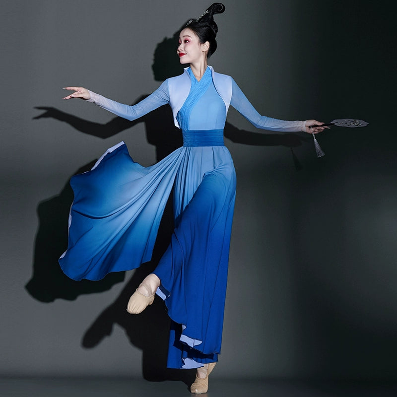 Blue chinese folk Classical dance costumes for women girls fairy umbrella fan dance hanfu Han Tang repertoire solo contest dance wear