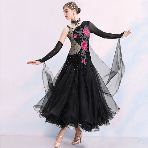 One Shoulder Black Ballroom Dance Dresses for Women Girls Rose Flowers Adult Female National Standard Social Dance Waltz Tango Performance Gown