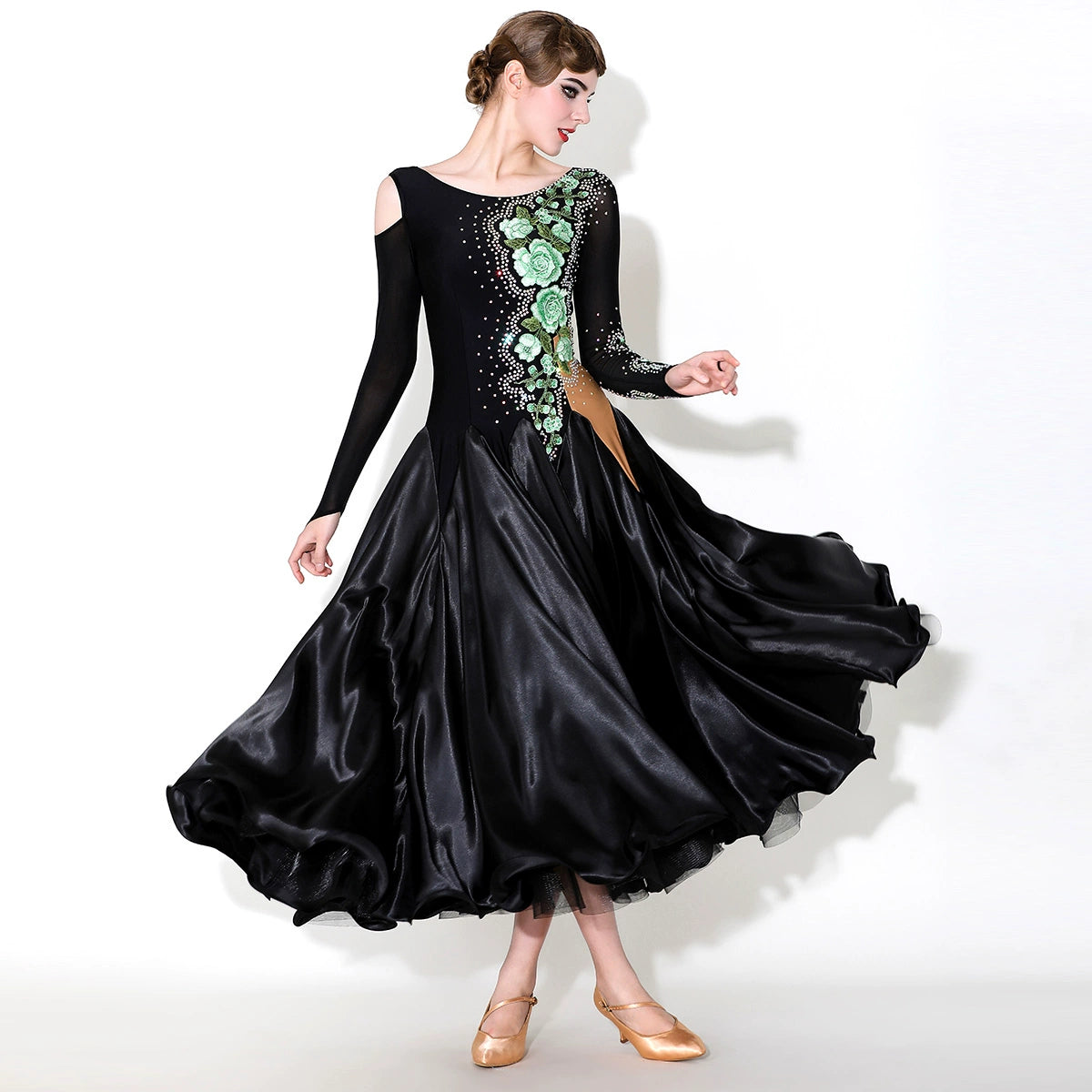 Green Peony Flower Ballroom Dance Dress for Women Girls Slant Neck Rhythm Smooth Waltz Tango Satin Gown