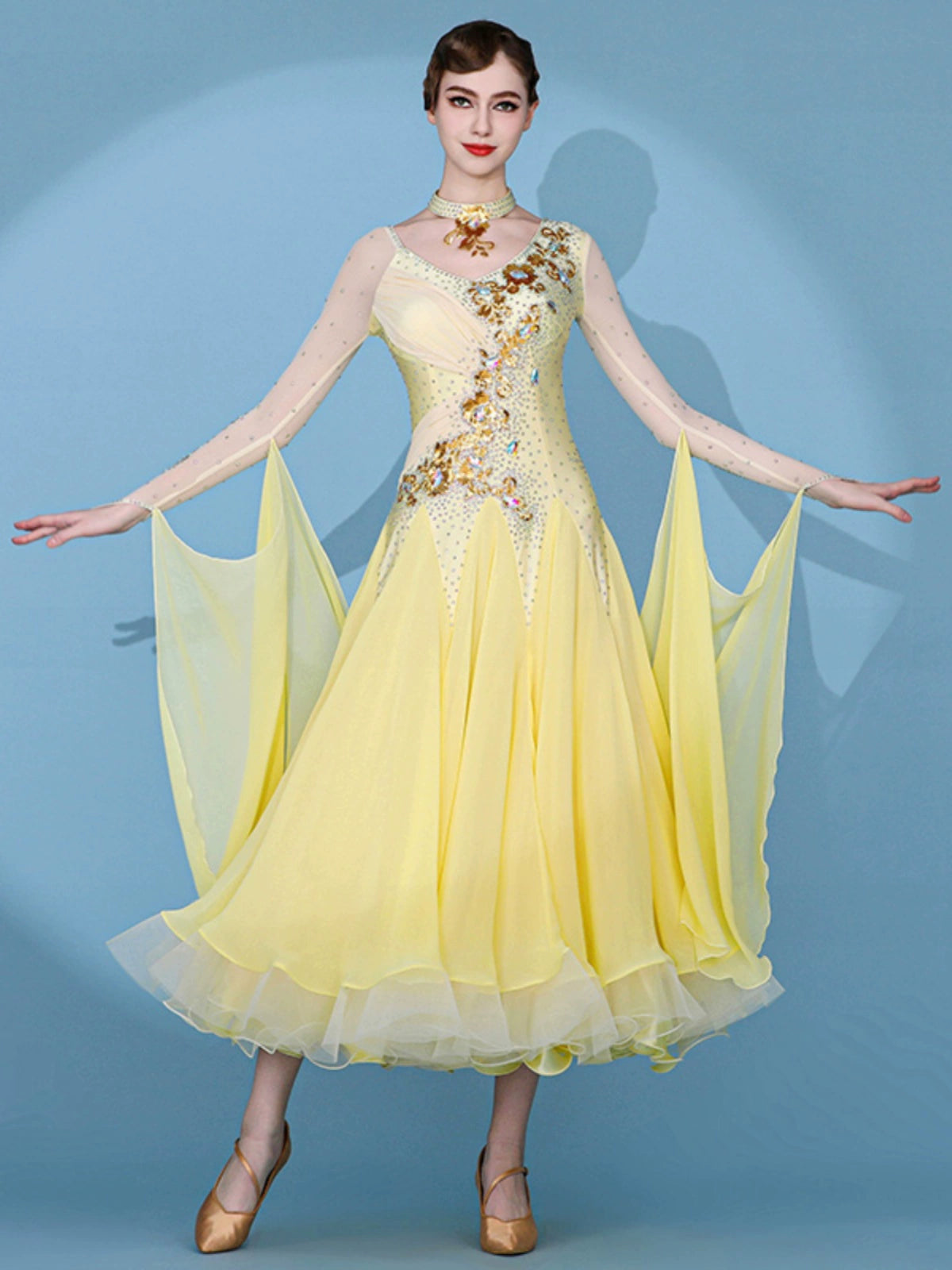 Custom size yellow competition ballroom dance dresses for women girls kids gemstones senior waltz tango foxtrot smooth dance gown