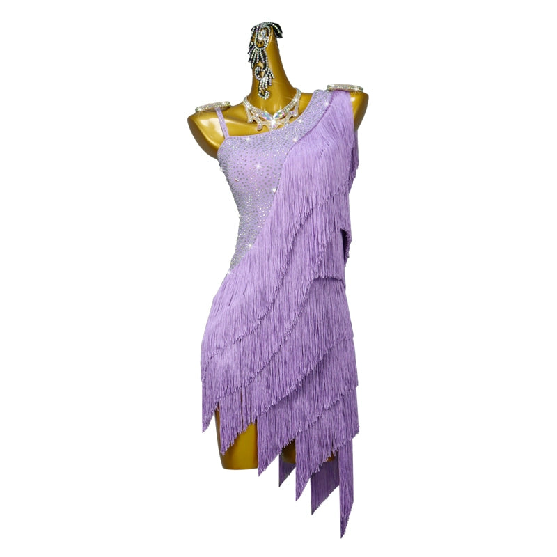 Lavender Purple Fringed Latin Dance Dresses for Women Girls One Shoulder Salsa Rumba Chacha Contest Dance Costume