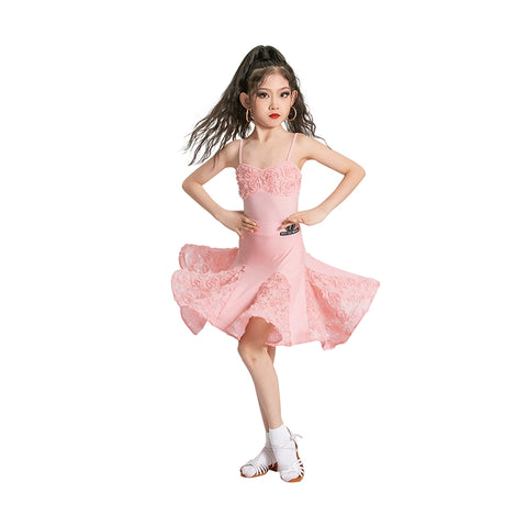 Children's pink rose flowers latin dance dresses girls salsa rumba chacha dance outfits flower dance wear for kids