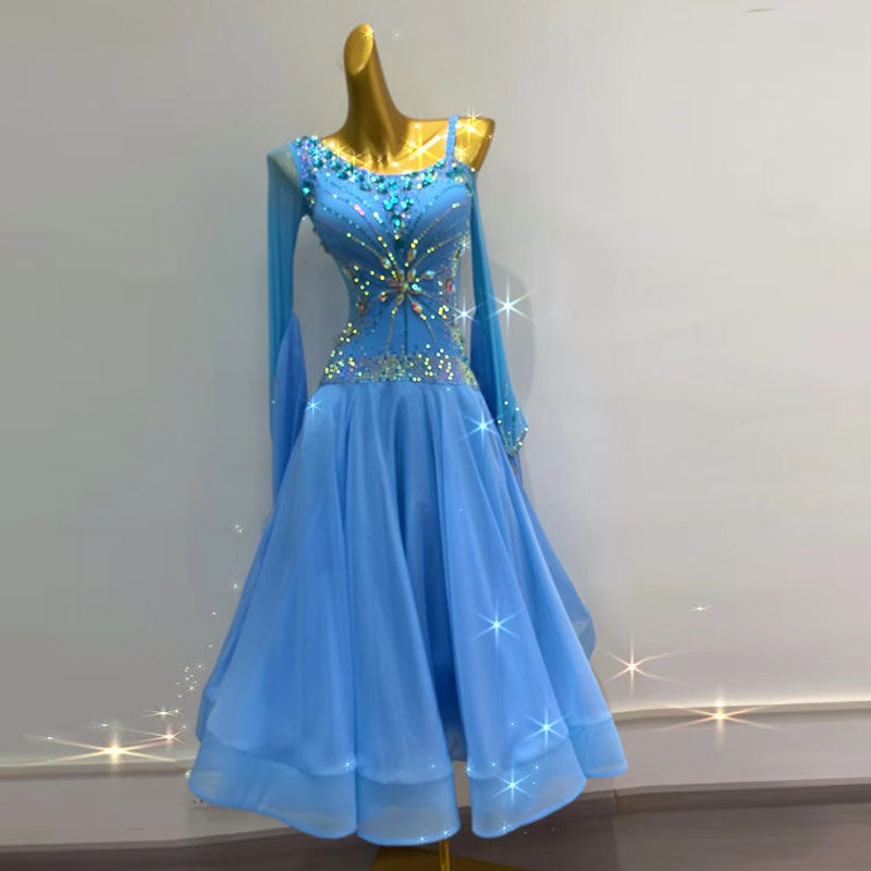 Customized Size Blue Rhinestones Competition Ballroom Dance Dresses for Women Girls One Shoulder Waltz Rhythm Smooth Foxtrot Dance Long Skirts