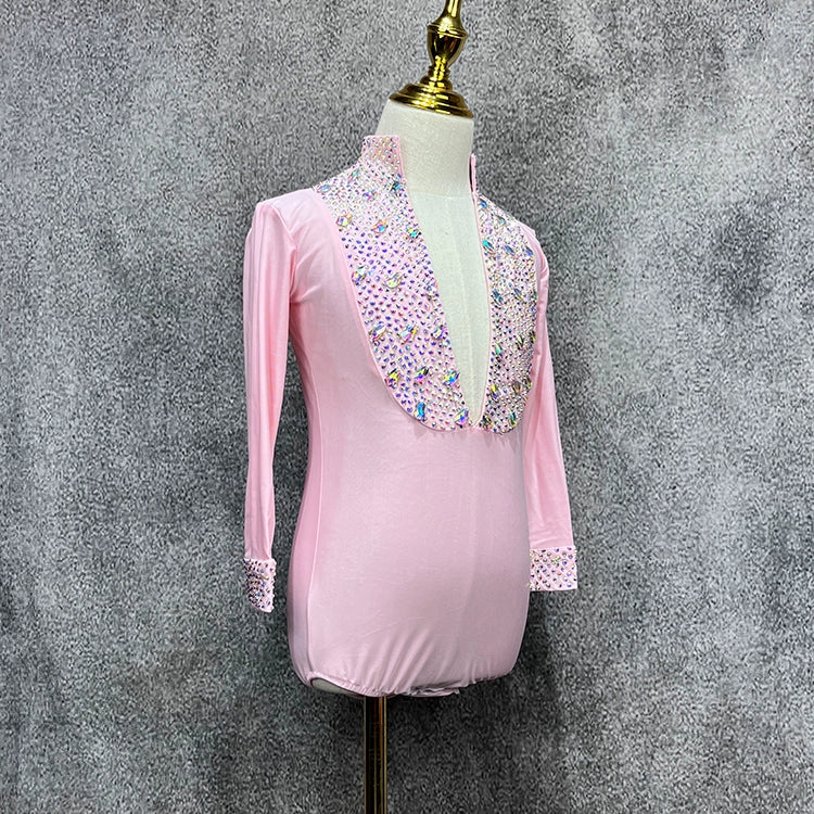 Custom Size Pink Rhinestones Boys Latin Dance Shirts Salsa Ballroom Flower Costume Competition Performance Top for Kids