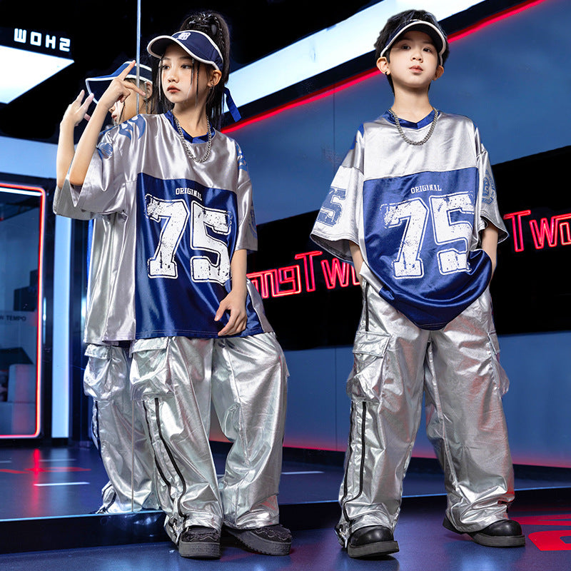 Street Hip Hop Jazz Dance Costumes for Girls Boys Rapper Singers Glitter Dance Blue Silver Clothing Gogo Dancers Modern Dance Outfits for Children