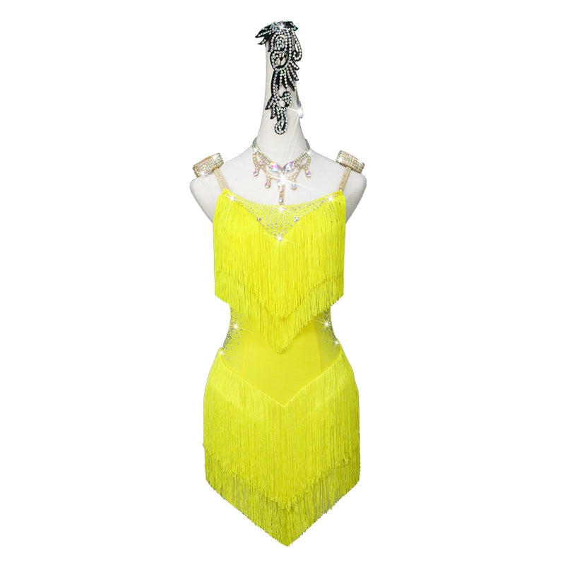 Yellow Latin dance competition Tassels dresses for women girls latin salsa rumba chacha ballroom performance contest dance clothes