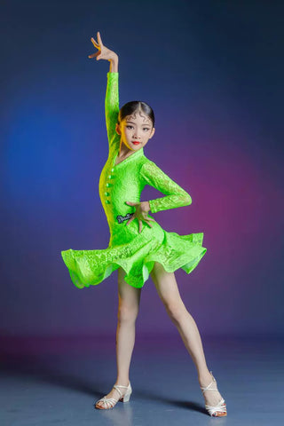 Neon Green Lace Latin Dance Dresses for Girls Kids Children's Latin Dance Competition Costumes Salsa Chacha Performance Skirts