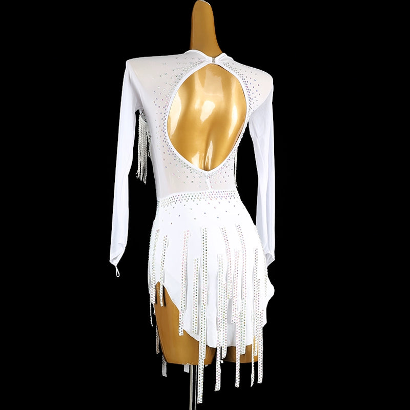 White Bling Fringe Latin Dance Competition Dresses for Women Girls Long Sleeves Salsa Rumba Chacha Senior Performance Skirts