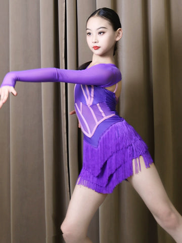 Violet Fringe Latin Dance Dressesfor Girls Kids Tassels Slasa Rumba Chacha Performance Outfits Children Training Modern Dance Wear for Children