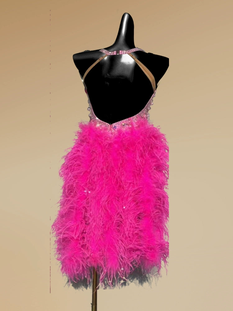 Custom Size Pink Feather Rhinestones Latin Dance Competition Dresses for Women Girls Salsa Rumba Chacha Latin Performance Clothing