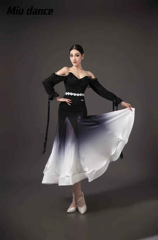 Black White Gradient Off Shoulder Ballroom Dance Dresses for Women Girls Waltz Tango Rhythm Fishbone Skirt