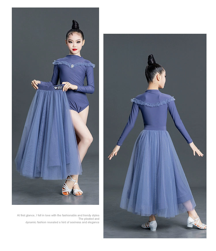 Children's Girls Blue Grey Ballroom Modern Dance Dresses for Kids Girls Long Sleeves High Neck  Waltz Tango Ballroom Dance Skirts for Kids