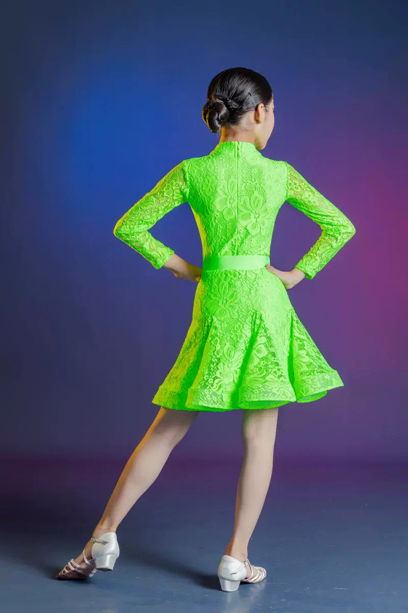 Neon Green Lace Latin Dance Dresses for Girls Kids Children's Latin Dance Competition Costumes Salsa Chacha Performance Skirts