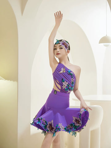 Purple embroidered flowers competition lain ballroom dance dresses for kids Girls salsa rumba ballroom performance outfits