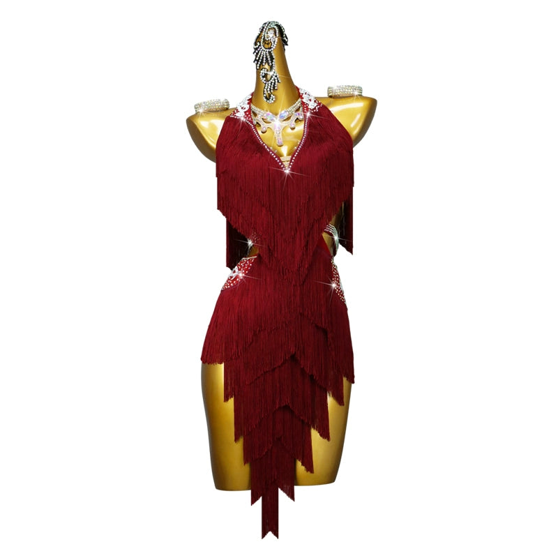 Custom Size Wine Burgundy Competition Latin Dance Dresses for Women Girls Kids Professional Latin Dance Contest Costume Solo Dance Wear