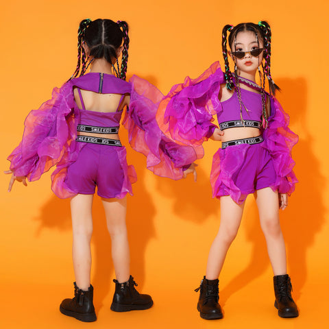 Children Rapper singers hiphop street jazz dance costumes for kids girls model show runway performance purple outfits for Girls
