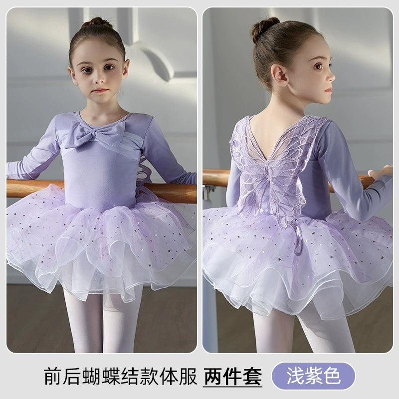 Children Girls Purple Blue Butterfly Fairy Ballet Dance Dresses for Kids Tutu Skirts Long Sleeves Back Fairy Bows Ballet Gymnastics Performance Skirts