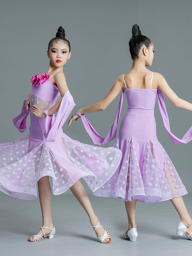 Red polka purple flowers ballroom Latin dance dresses for girls kids flowers waltz tango national professional competition gown for children