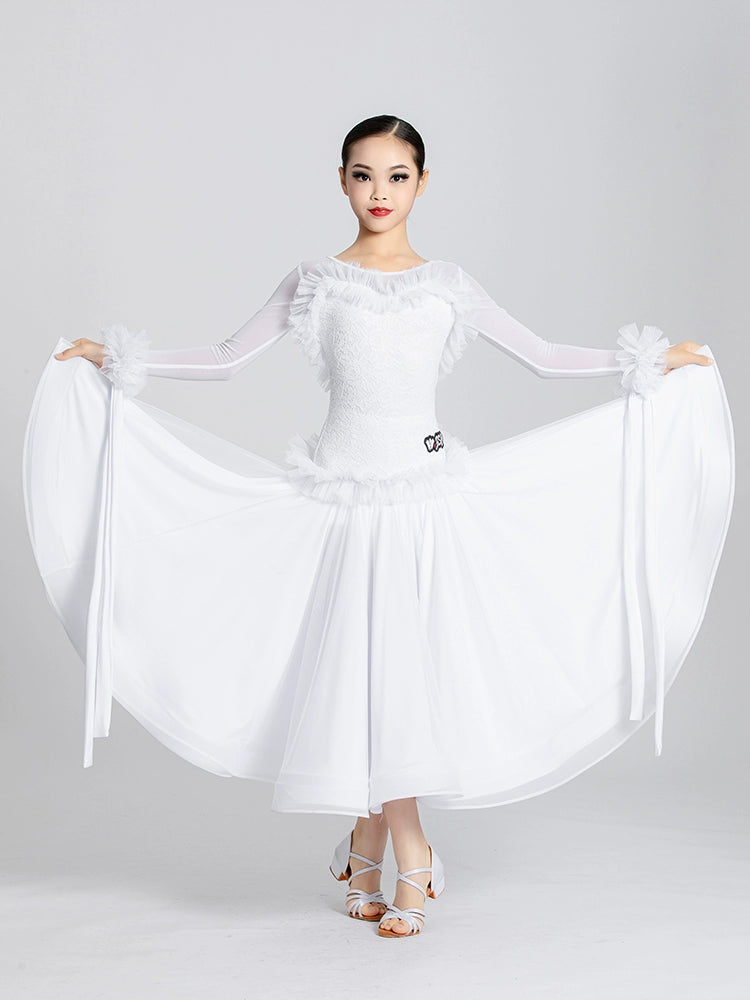 White Lace Long Sleeves Ballroom Dance Dresses for Girls Kids Children's Waltz Tango Art Test Competition Performance Costumes