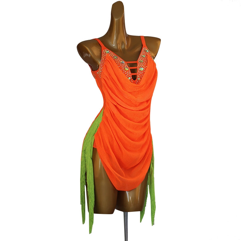 Orange green fringe competition Latin dance dress for women girls one-piece stones Latin dance performance costumes for female