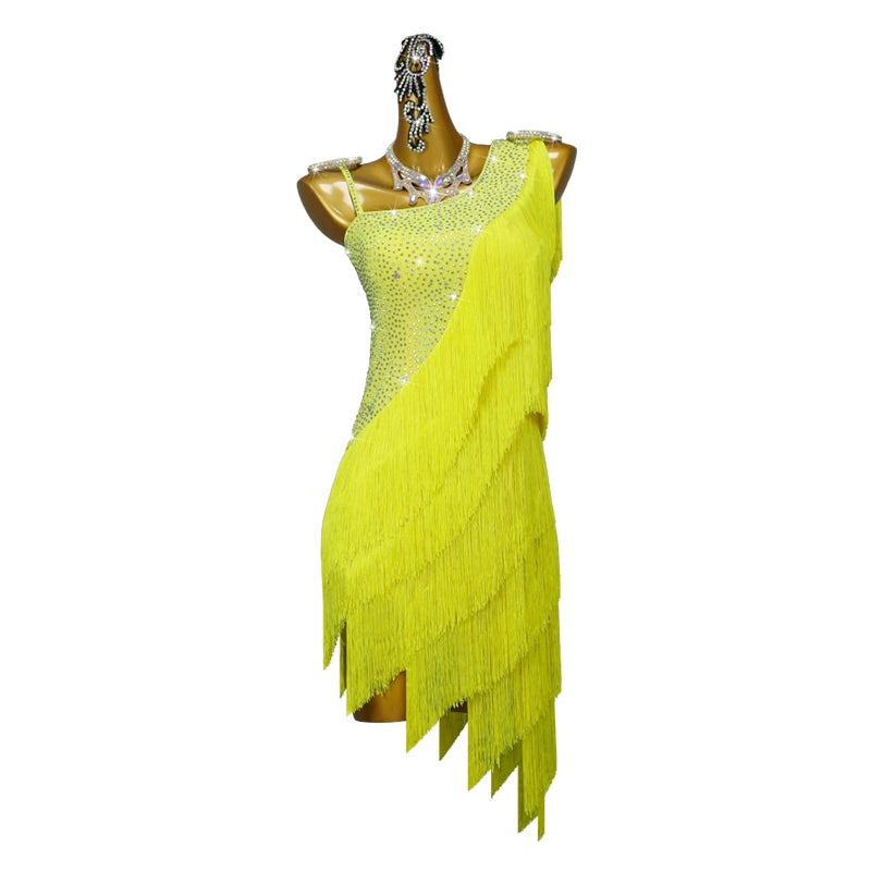 Yellow Fringe Competition Latin Dance Dresses for Women Girls One shoulder Salsa Rumba Chacha  Senior Dance Costumes