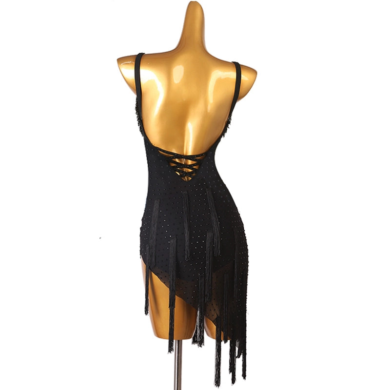 Black Bling Fringe Latin Competition Dance Dresses for Women Girls Latin Salsa Rumba Chacha Performance Outfits Irregular Hem Skirts