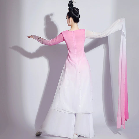 Pink gradient Chinese folk Classical dance costumes for women girls water sleeves jinghong art test dance hanfu fairy dress