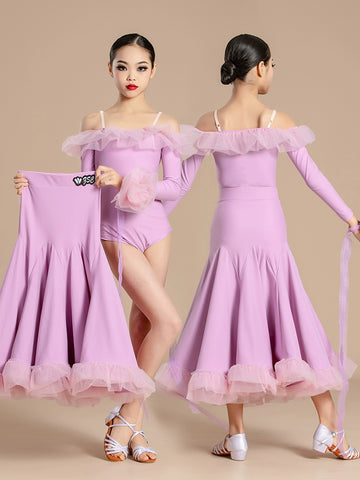 Modern ballroom dance dresses for girls kids waltz tango light purple orange wine professional competition clothing for children