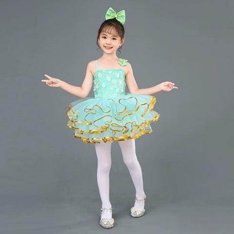 Children's Green Flowers Jazz Dance Dresses Ballet Tutu Skirts Birthday Party Ball Gown Girls Fancy Princess Dress for Kids