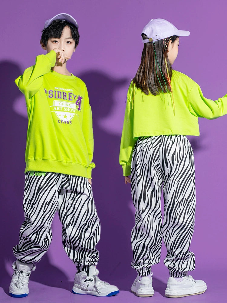 Boys Girls Hip Hop Street Jazz Dance Costume for Girls Kids Neon Green Tops Zebra Pants Gogo Dancers Rapper Singer Hiphop Dance Outfits