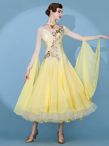 Custom size yellow competition ballroom dance dresses for women girls kids gemstones senior waltz tango foxtrot smooth dance gown