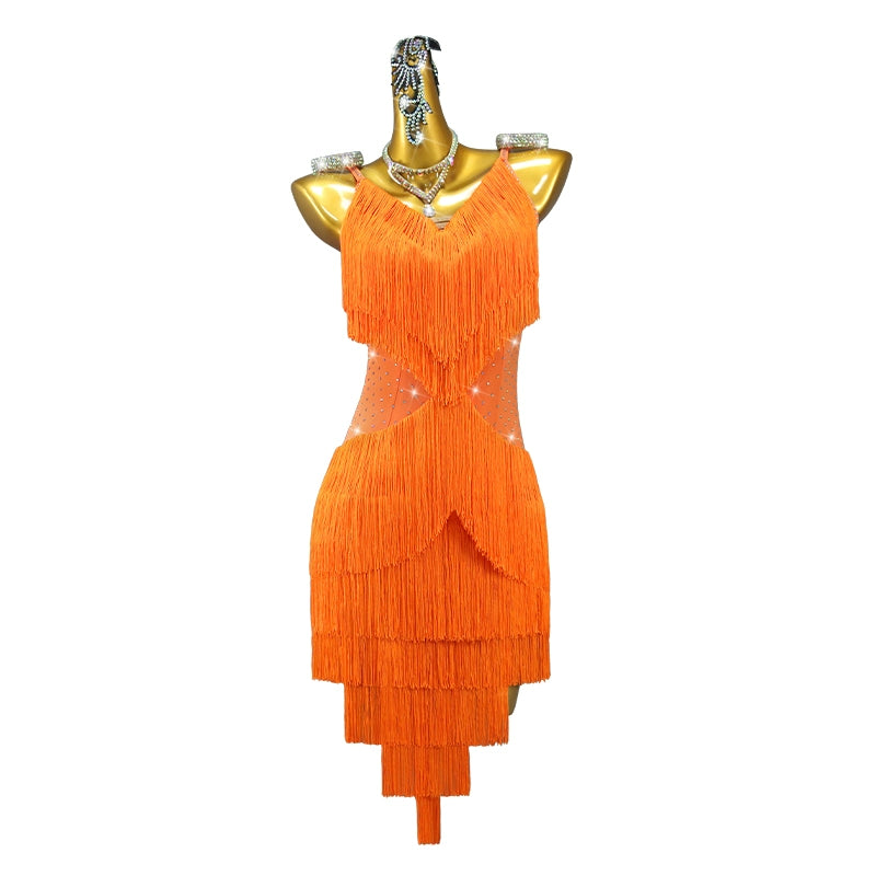 Professional Orange Latin Dance Dresses for Women Girls Tassels Salsa Rumba Chacha Performance Costumes Blackpool Dance Outfits