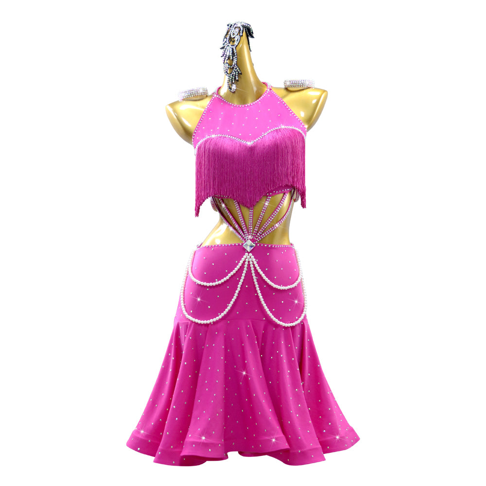 Hot Pink Fuchsia Fringe Competition Latin Dance Dresses for Women Girls Latin Salsa Rumba Cha Cha Professional Dance Costumes Blackpool Dance Wear