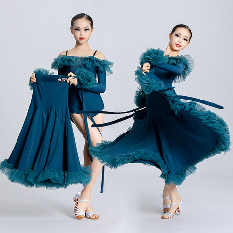 Kids Blue Ballroom Dance Dresses for Girls Children Dew Shoulder Waltz Tango Rhythm Dancing Skirts Party Performance Clothes