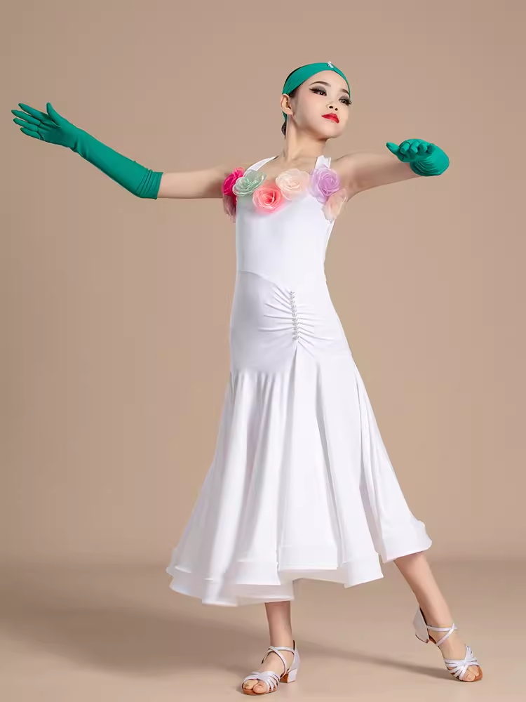 Children's white colorful flowers ballroom dance dresses kids ballroom waltz tango competition dance outfits for girls