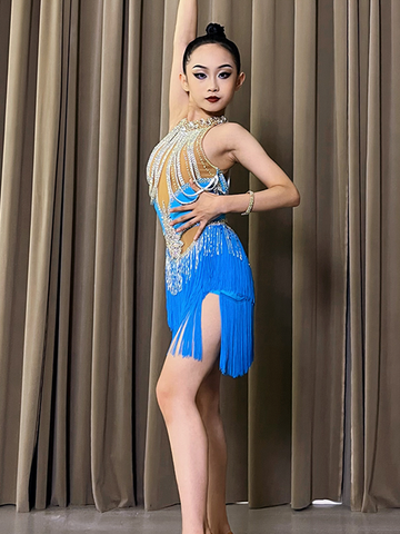 Customized Turquoise fringe Latin Dance competition Dress for women girls Professional Diamond Flower Costume Art Exam dance wear