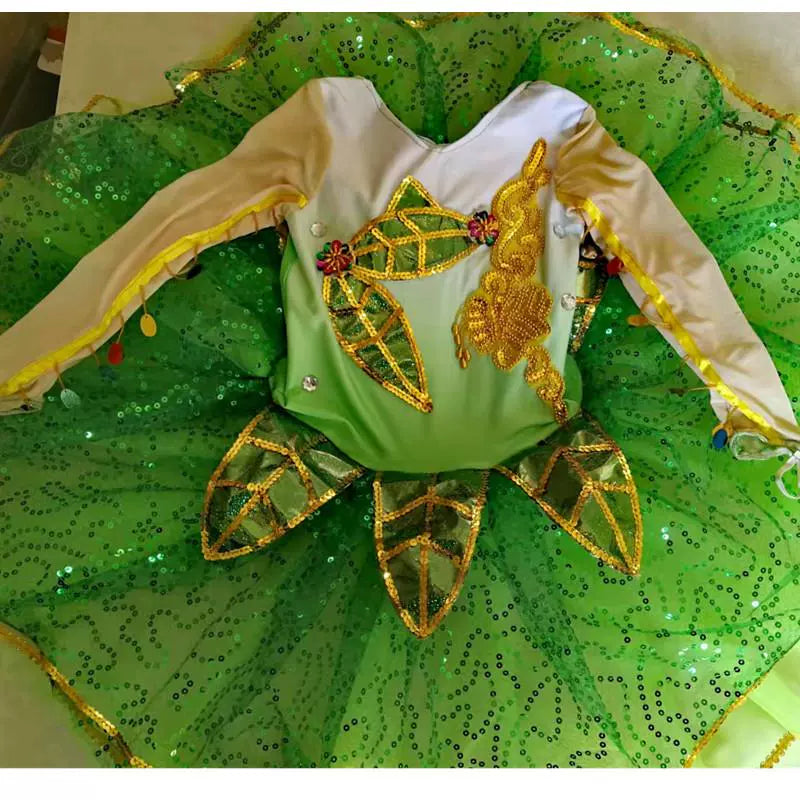 Children's Green Flowers Jazz Dance Dresses Modern Dance Princess Dress Kids Chorus Performance Costumes Choir Dancing Skirts for Girls