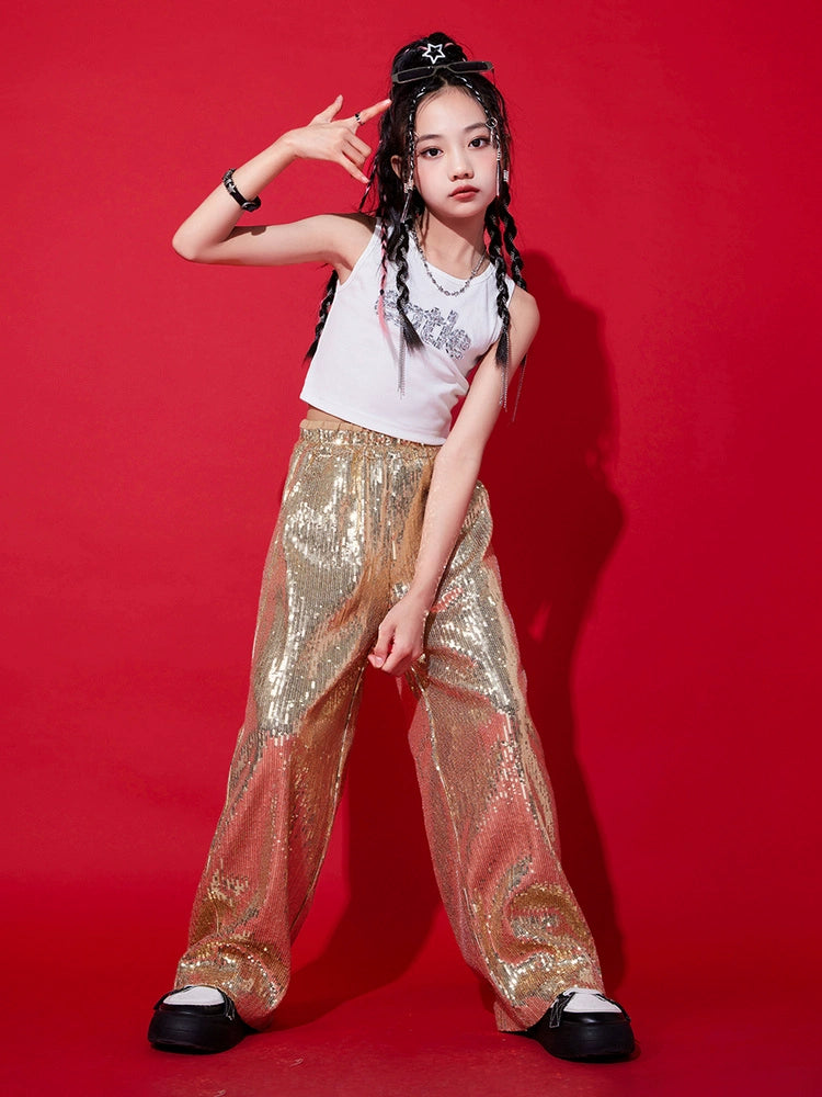 Girls Gold Sequin Jazz Dancing Costumes Gogo Dancers Hip Hop Rapper Singers Street Clothes Children's Model Show Wear