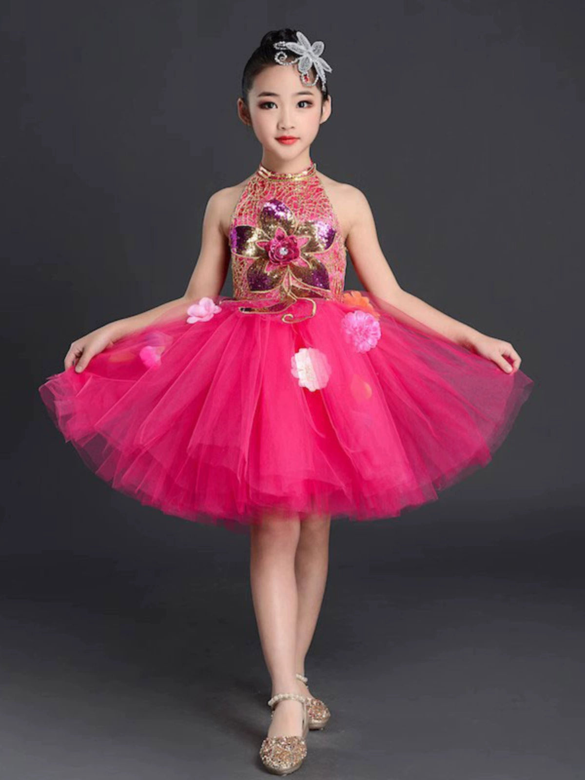 Children's Petal Sequins Jazz Dance Costume Kindergarten Chorus Performance Outfits Princess Tutu Skirt Princess Dresses for Girls