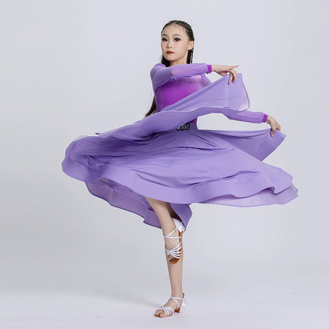 Light Purple Velvet Ballroom Dance Dresses for Girls Kids Children Waltz Tango Ballroom Performance Uniforms Party Performance Praise Dress