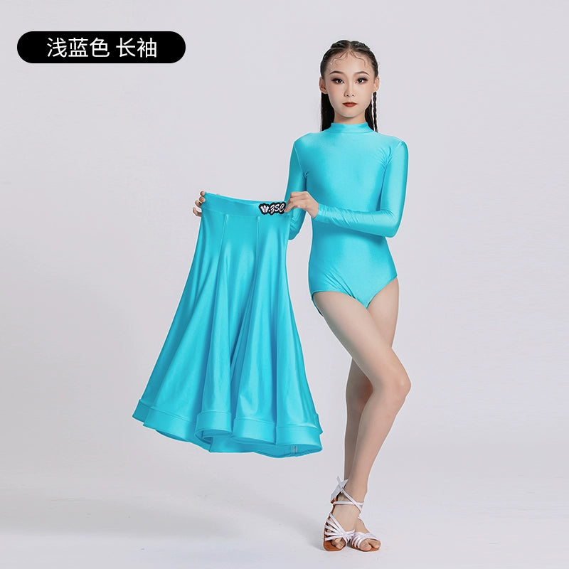 Blue Red Ballroom Dance Dresses for Girls Kids Long-sleeved  Latin Tango Waltz Juvenile Performance Long Gown Art Test Performance Skirts