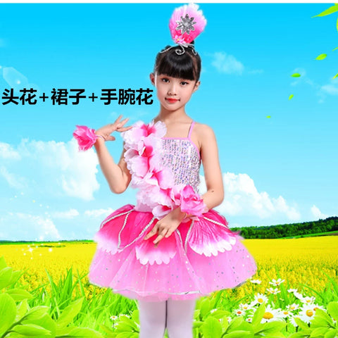 Children's Pink Petals Flowers Jazz Dance Dresses Jasmine Blossom Dance Costume Flower Fairy Tutu Skirts Performance Costume for Kids