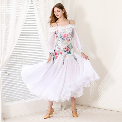 White Floral Ballroom Dance Dresses for Women Girls Waltz Tango Flamenco Dew Shoulder Dancing Long Gown for Female